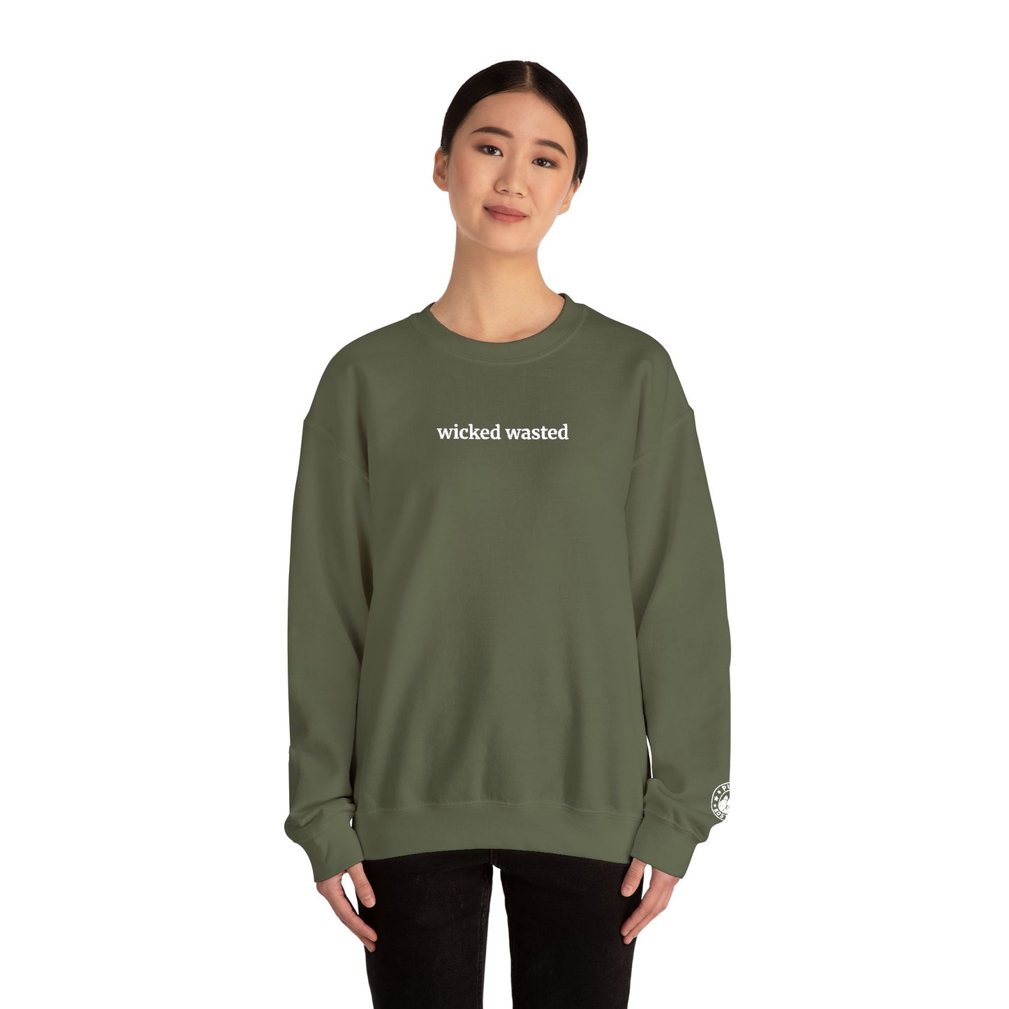 Wicked Wasted Embroidered Military Green Crewneck