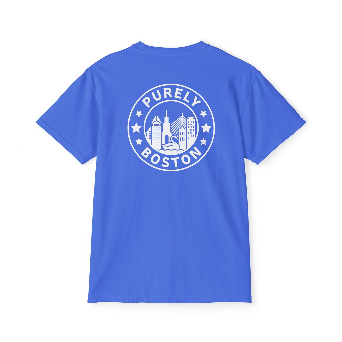 Purely Boston White Logo Mystic Blue Pocket T-Shirt