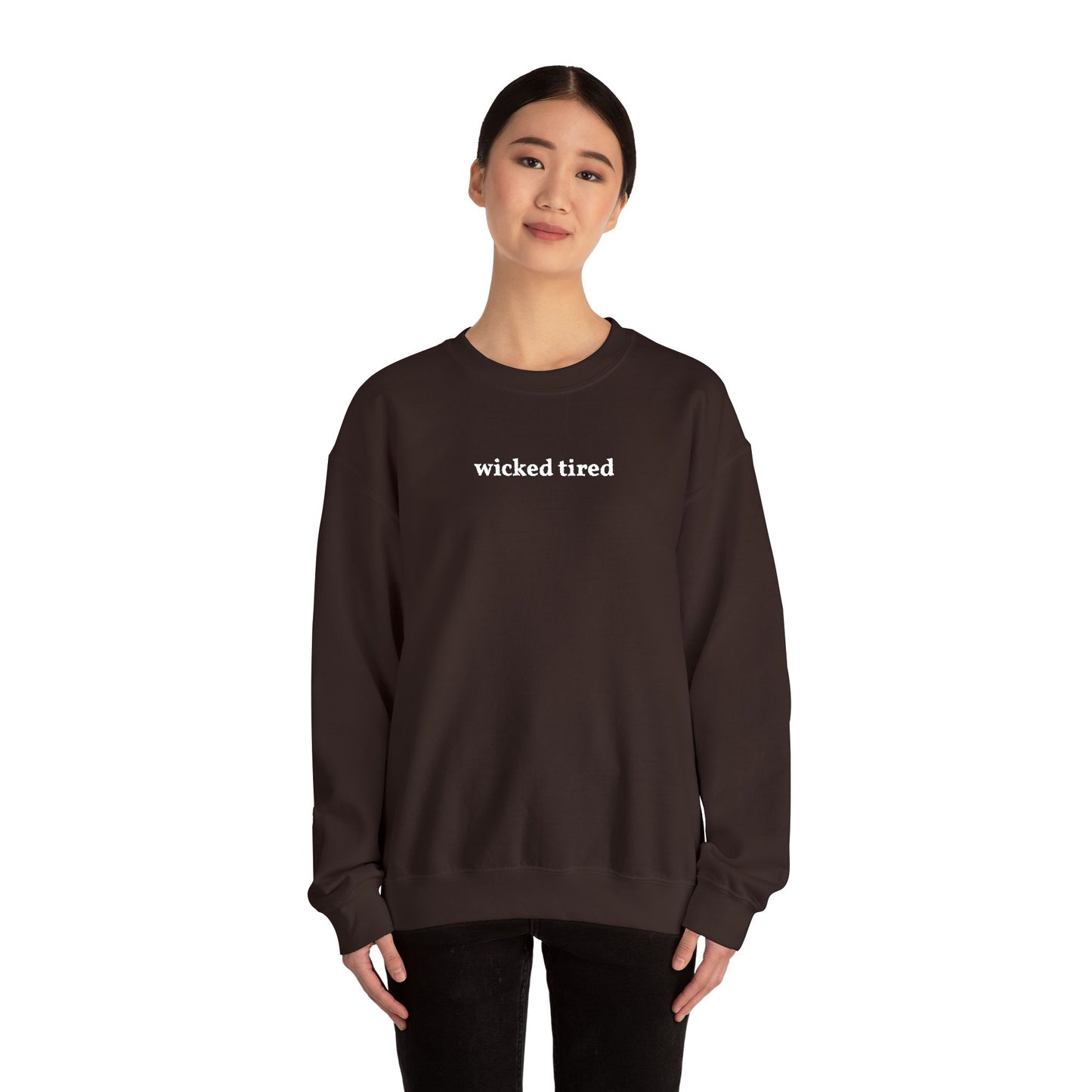Wicked Tired Embroidered Chocolate Crewneck