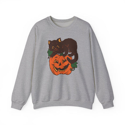 Retro Black Cat Pumpkin Grey Crewneck Sweatshirt