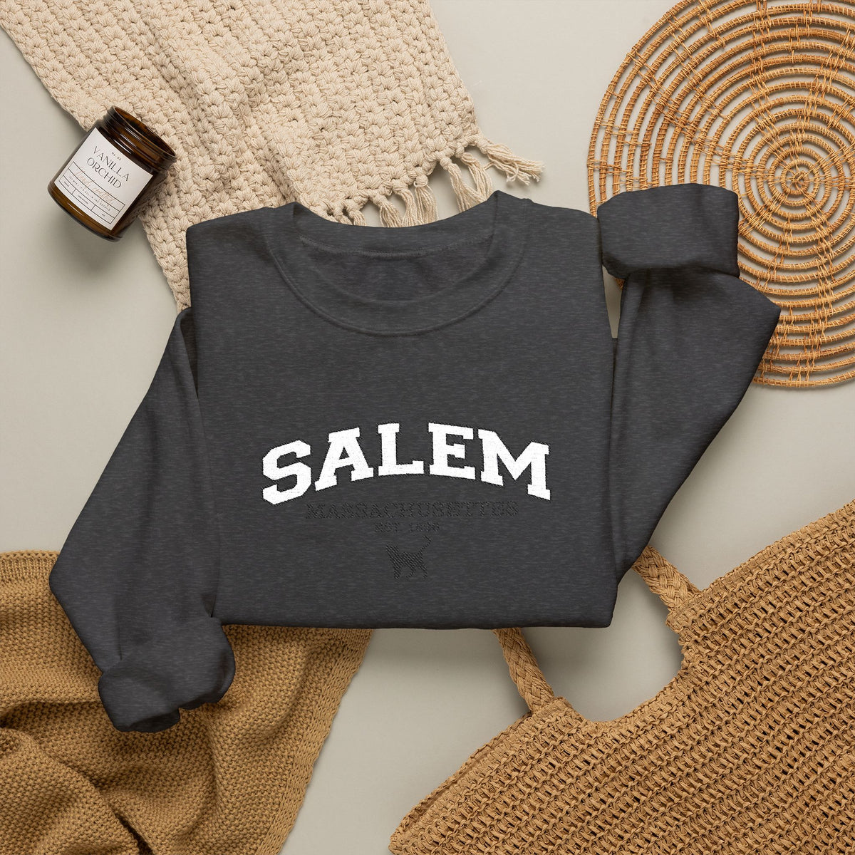 Salem Massachusetts Embroidered Dark Heather Crewneck Sweatshirt
