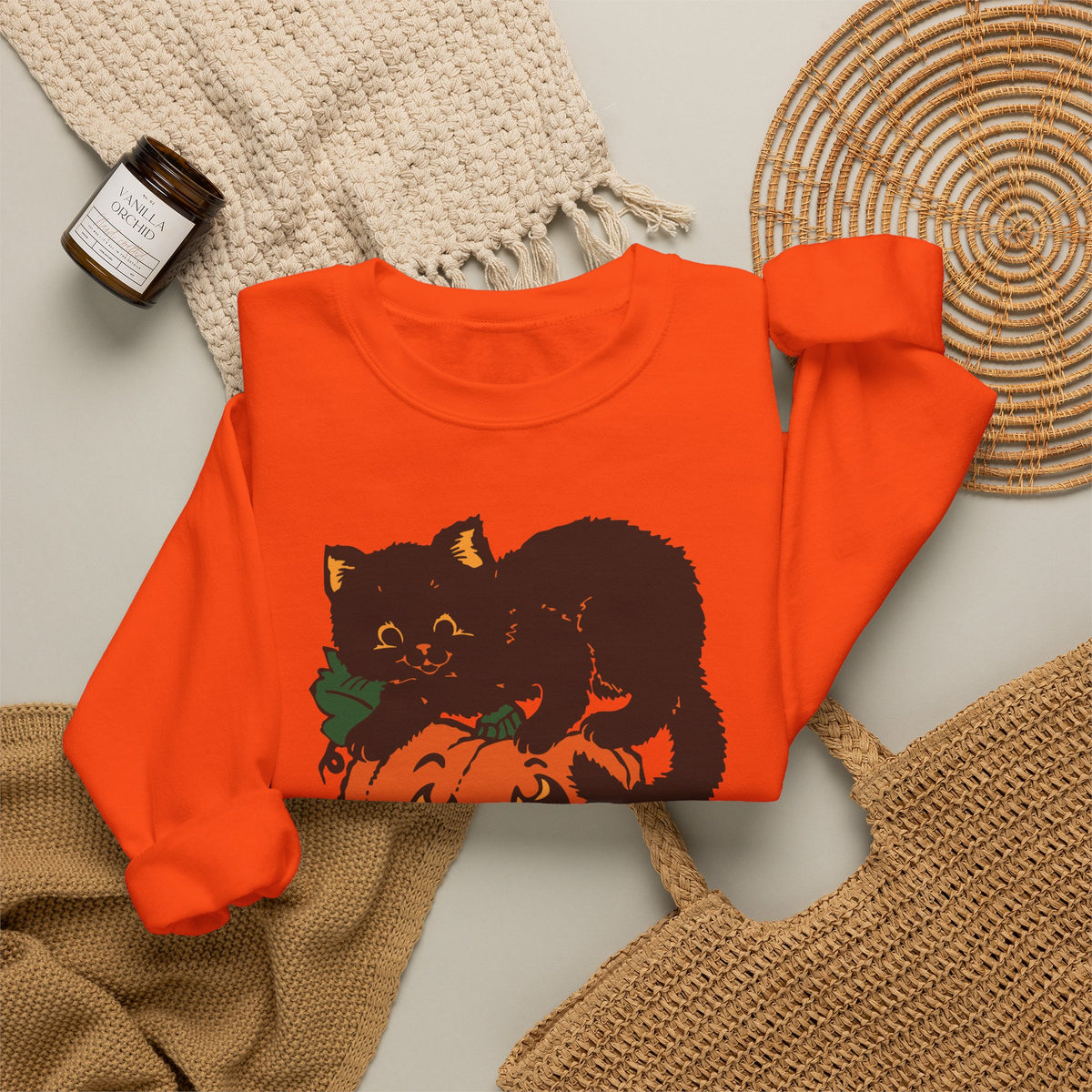 Retro Black Cat Pumpkin Orange Crewneck Sweatshirt