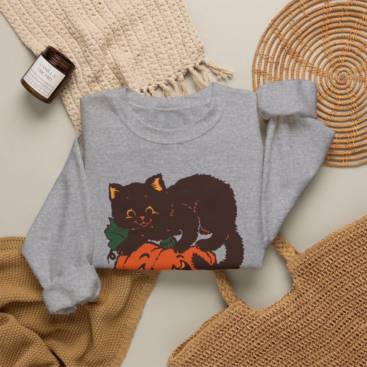 Retro Black Cat Pumpkin Grey Crewneck Sweatshirt