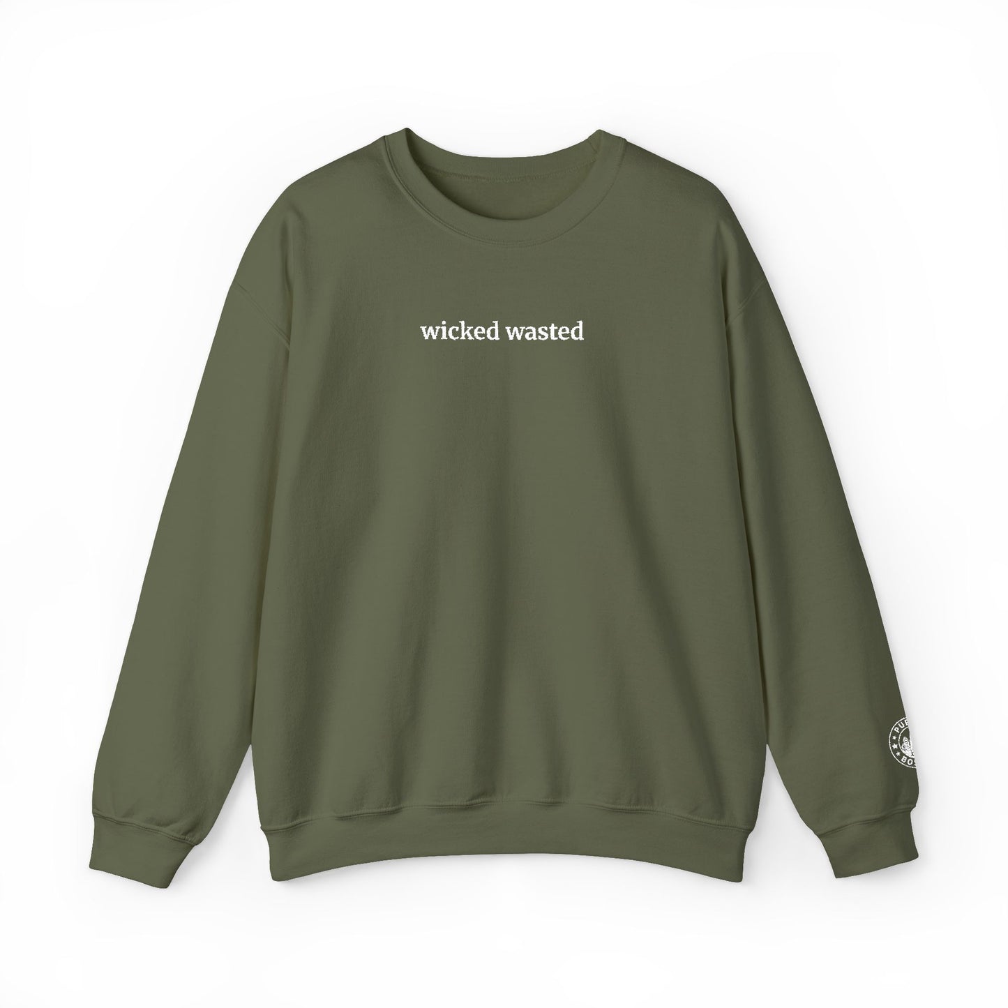 Wicked Wasted Embroidered Military Green Crewneck